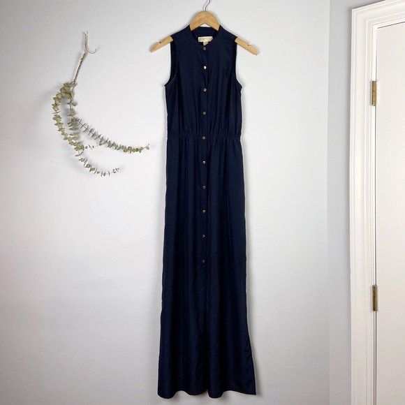 Michael Kors Navy Blue Side Slit SnapUp Maxi Dress